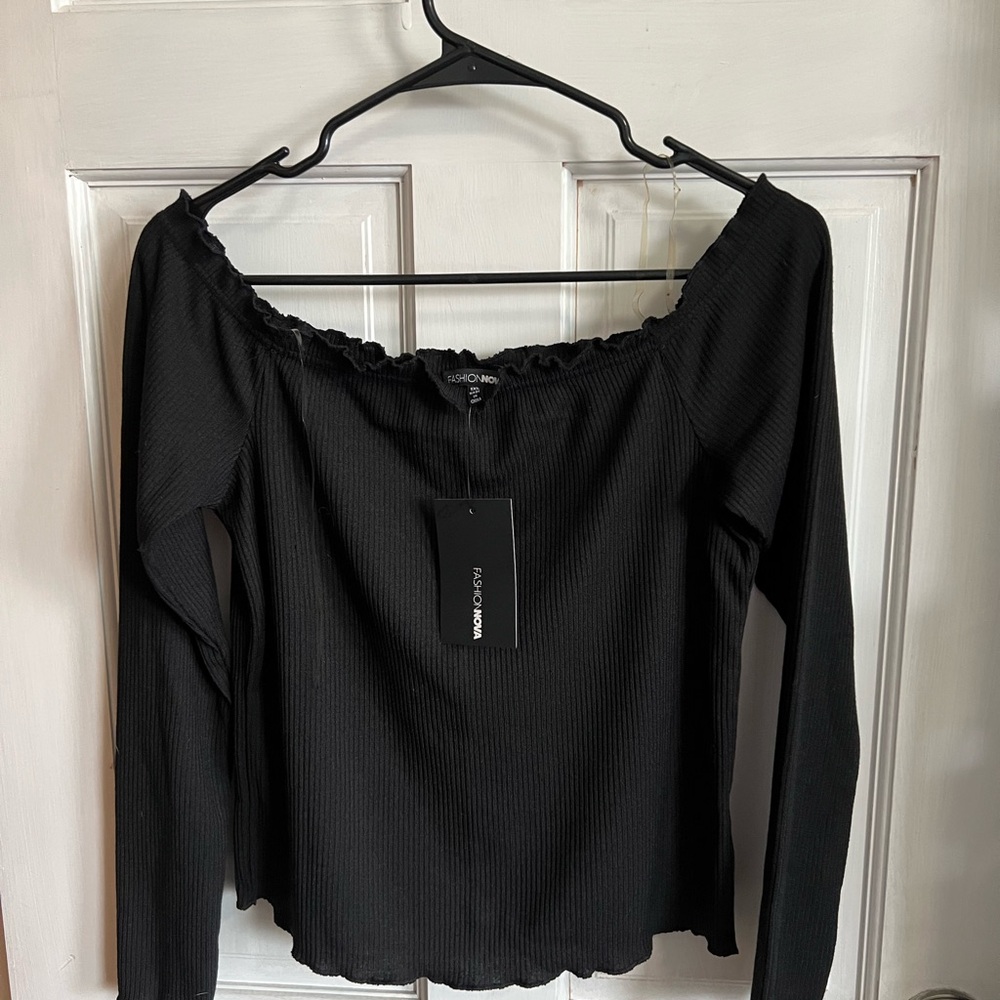 Fashion Nova Black Ribbed Crop Top Off The Shoulder